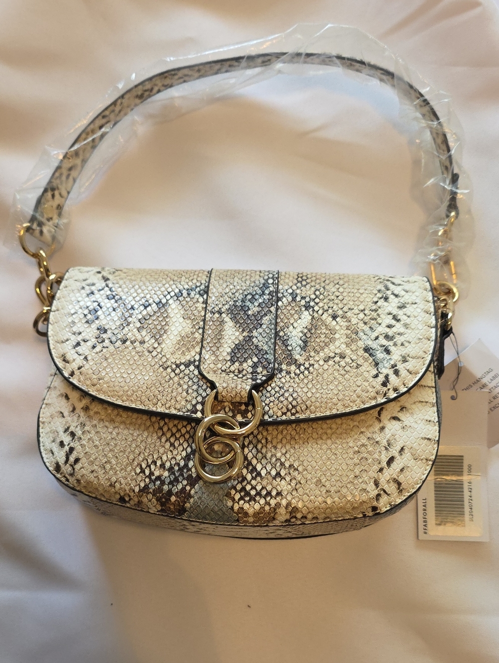 JustFab Cream Snake-Print Shoulder Bag with Gold Rings